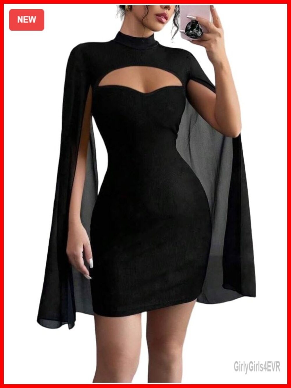 Sequin Mini Dress Mock Neck Cloak Sleeve Cocktail Bodycon Party Dress